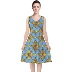 Gold Abstract Flowers Pattern At Blue Background V-neck Midi Sleeveless Dress  by Casemiro