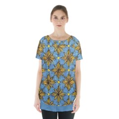 Gold abstract flowers pattern at blue background Skirt Hem Sports Top