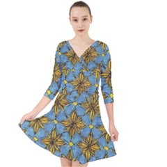 Gold abstract flowers pattern at blue background Quarter Sleeve Front Wrap Dress