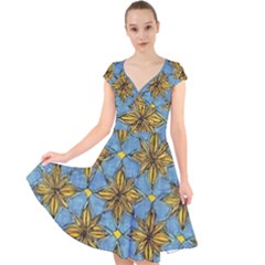 Gold Abstract Flowers Pattern At Blue Background Cap Sleeve Front Wrap Midi Dress