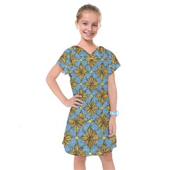 Gold abstract flowers pattern at blue background Kids  Drop Waist Dress