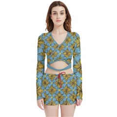 Gold abstract flowers pattern at blue background Velvet Wrap Crop Top and Shorts Set