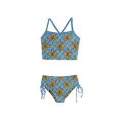 Gold Abstract Flowers Pattern At Blue Background Girls  Tankini Swimsuit by Casemiro