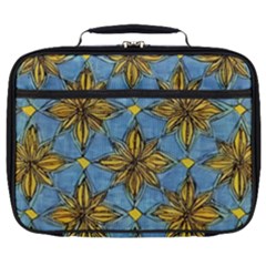 Gold Abstract Flowers Pattern At Blue Background Full Print Lunch Bag by Casemiro
