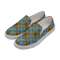 Gold Abstract Flowers Pattern At Blue Background Women s Canvas Slip Ons by Casemiro