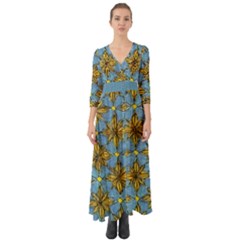 Gold abstract flowers pattern at blue background Button Up Boho Maxi Dress