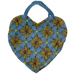 Gold Abstract Flowers Pattern At Blue Background Giant Heart Shaped Tote
