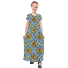 Gold Abstract Flowers Pattern At Blue Background Kids  Short Sleeve Maxi Dress