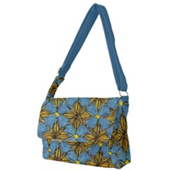 Gold Abstract Flowers Pattern At Blue Background Full Print Messenger Bag (s) by Casemiro