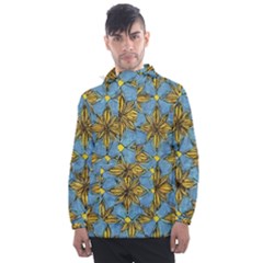 Gold Abstract Flowers Pattern At Blue Background Men s Front Pocket Pullover Windbreaker by Casemiro