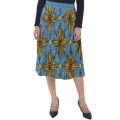 Gold abstract flowers pattern at blue background Classic Velour Midi Skirt 