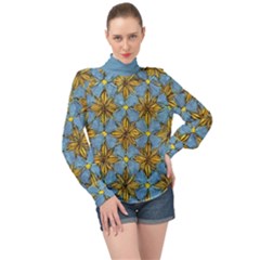 Gold Abstract Flowers Pattern At Blue Background High Neck Long Sleeve Chiffon Top by Casemiro