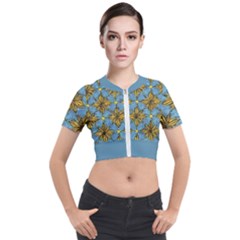 Gold Abstract Flowers Pattern At Blue Background Short Sleeve Cropped Jacket by Casemiro