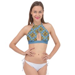 Gold abstract flowers pattern at blue background Cross Front Halter Bikini Top