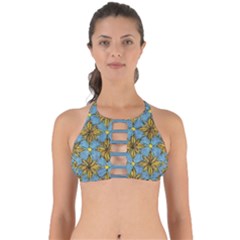 Gold abstract flowers pattern at blue background Perfectly Cut Out Bikini Top