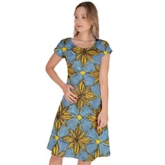 Gold abstract flowers pattern at blue background Classic Short Sleeve Dress