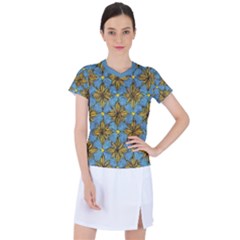 Gold Abstract Flowers Pattern At Blue Background Women s Sports Top by Casemiro