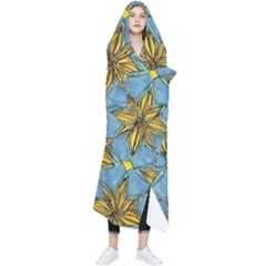 Gold abstract flowers pattern at blue background Wearable Blanket