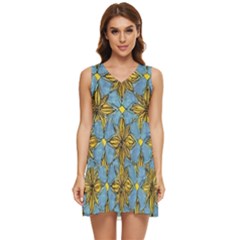 Gold Abstract Flowers Pattern At Blue Background Tiered Sleeveless Mini Dress by Casemiro