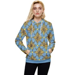 Gold Abstract Flowers Pattern At Blue Background Women s Lightweight Drawstring Hoodie by Casemiro