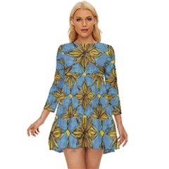 Gold abstract flowers pattern at blue background Long Sleeve Babydoll Dress