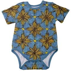 Gold abstract flowers pattern at blue background Baby Short Sleeve Bodysuit