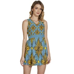 Gold abstract flowers pattern at blue background Sleeveless High Waist Mini Dress