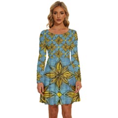 Gold Abstract Flowers Pattern At Blue Background Long Sleeve Wide Neck Velvet Dress by Casemiro