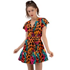 Colorful Leopard Print Flutter Sleeve Wrap Dress by VisualAesthetica