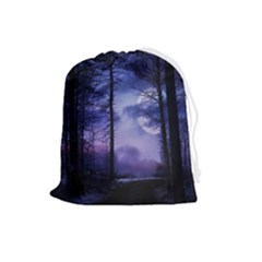 Moonlit A Forest At Night With A Full Moon Drawstring Pouch (large) by Proyonanggan