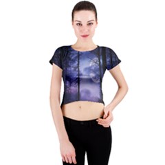 Moonlit A Forest At Night With A Full Moon Crew Neck Crop Top by Proyonanggan