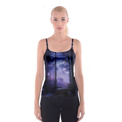 Moonlit A Forest At Night With A Full Moon Spaghetti Strap Top by Proyonanggan