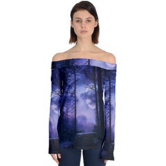 Moonlit A Forest At Night With A Full Moon Off Shoulder Long Sleeve Top by Proyonanggan