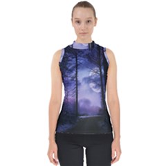 Moonlit A Forest At Night With A Full Moon Mock Neck Shell Top by Proyonanggan