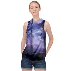 Moonlit A Forest At Night With A Full Moon High Neck Satin Top by Proyonanggan
