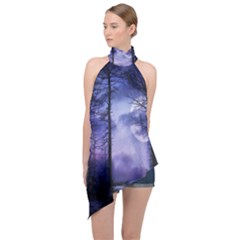 Moonlit A Forest At Night With A Full Moon Halter Asymmetric Satin Top