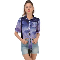 Moonlit A Forest At Night With A Full Moon Tie Front Shirt  by Proyonanggan