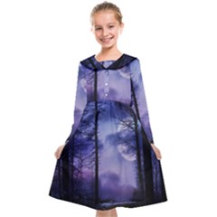 Moonlit A Forest At Night With A Full Moon Kids  Midi Sailor Dress