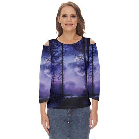 Moonlit A Forest At Night With A Full Moon Cut Out Wide Sleeve Top by Proyonanggan