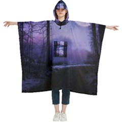 Moonlit A Forest At Night With A Full Moon Women s Hooded Rain Ponchos