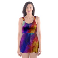 Colorful Abstract Paint Splats Background Skater Dress Swimsuit by Proyonanggan