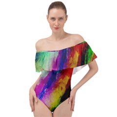 Colorful Abstract Paint Splats Background Off Shoulder Velour Bodysuit  by Proyonanggan