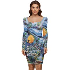 Colorful Aquatic Life Wall Mural Women Long Sleeve Ruched Stretch Jersey Dress by Proyonanggan