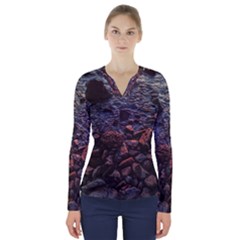 Twilight Treasures: Rocky Beachscape  V-neck Long Sleeve Top by dflcprintsclothing