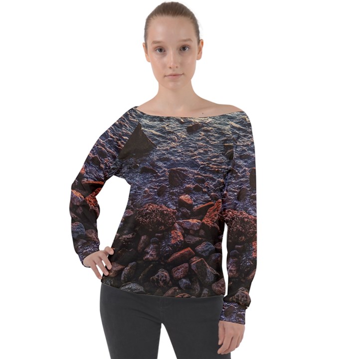 Twilight Treasures: Rocky Beachscape  Off Shoulder Long Sleeve Velour Top