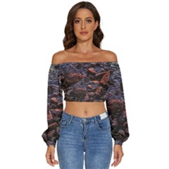 Twilight Treasures: Rocky Beachscape  Long Sleeve Crinkled Weave Crop Top by dflcprintsclothing