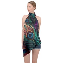 Peacock Feathers Nature Feather Pattern Halter Asymmetric Satin Top by pakminggu