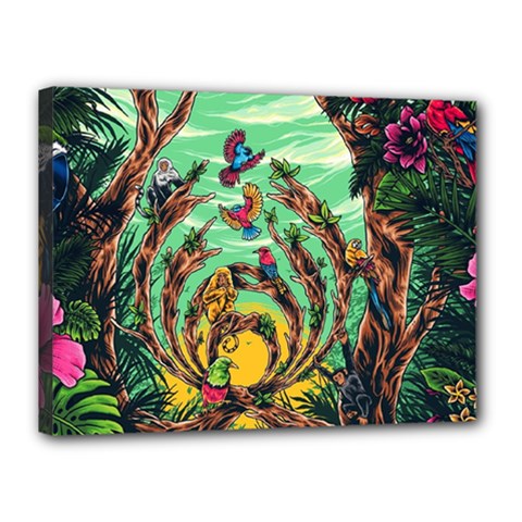 Monkey Tiger Bird Parrot Forest Jungle Style Canvas 16  X 12  (stretched) by Grandong