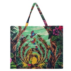 Monkey Tiger Bird Parrot Forest Jungle Style Zipper Large Tote Bag by Grandong