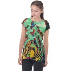 Monkey Tiger Bird Parrot Forest Jungle Style Cap Sleeve High Low Top by Grandong